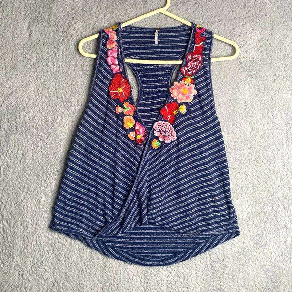 Free People frida faux wrap tank top embroidered floral striped summer vneck XS - Picture 3 of 14